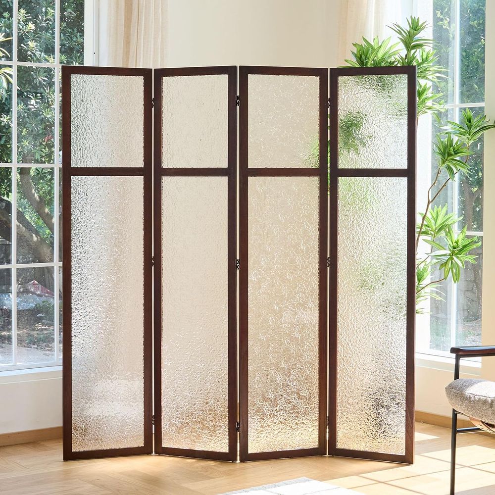 Room Divider Screen - 4-częściowy akrylowy parawan składany - orzech,