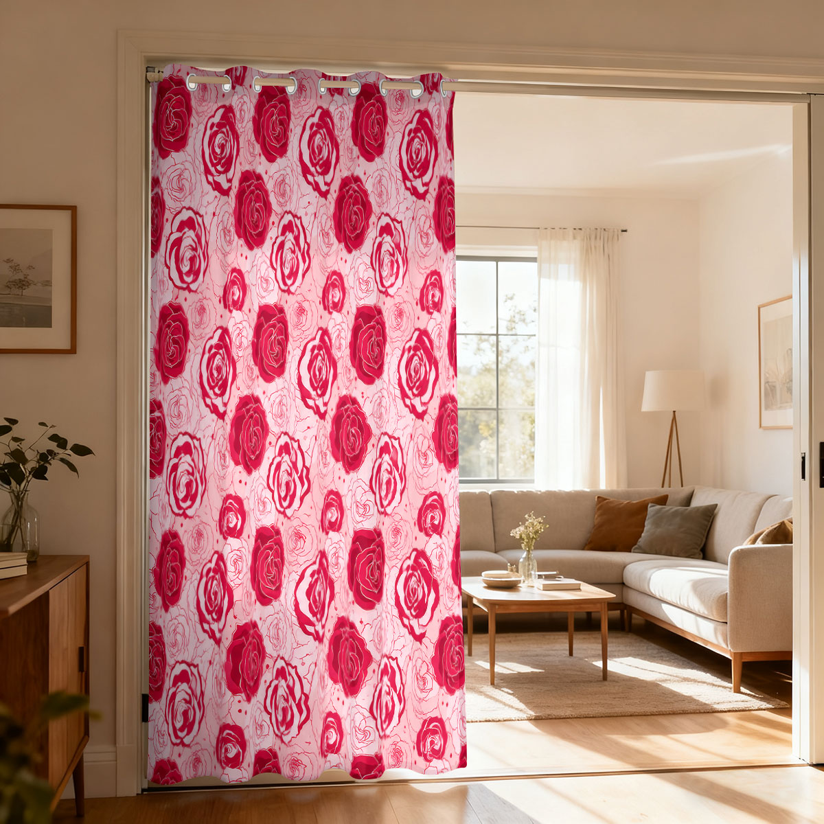 Home Decor Curtains - 1 szt. Jasnozielona podstawa, różowa róża,